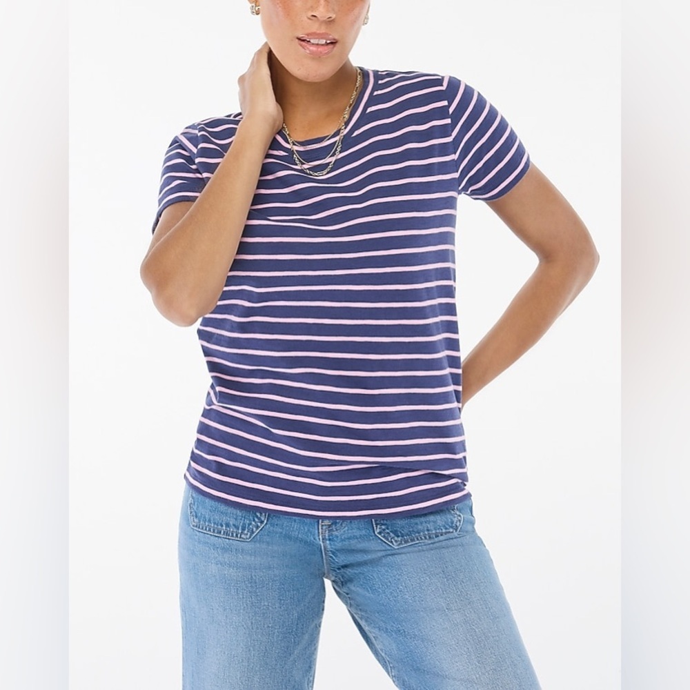 J. Crew Factory Striped girlfriend crewneck tee in Navy/Pink